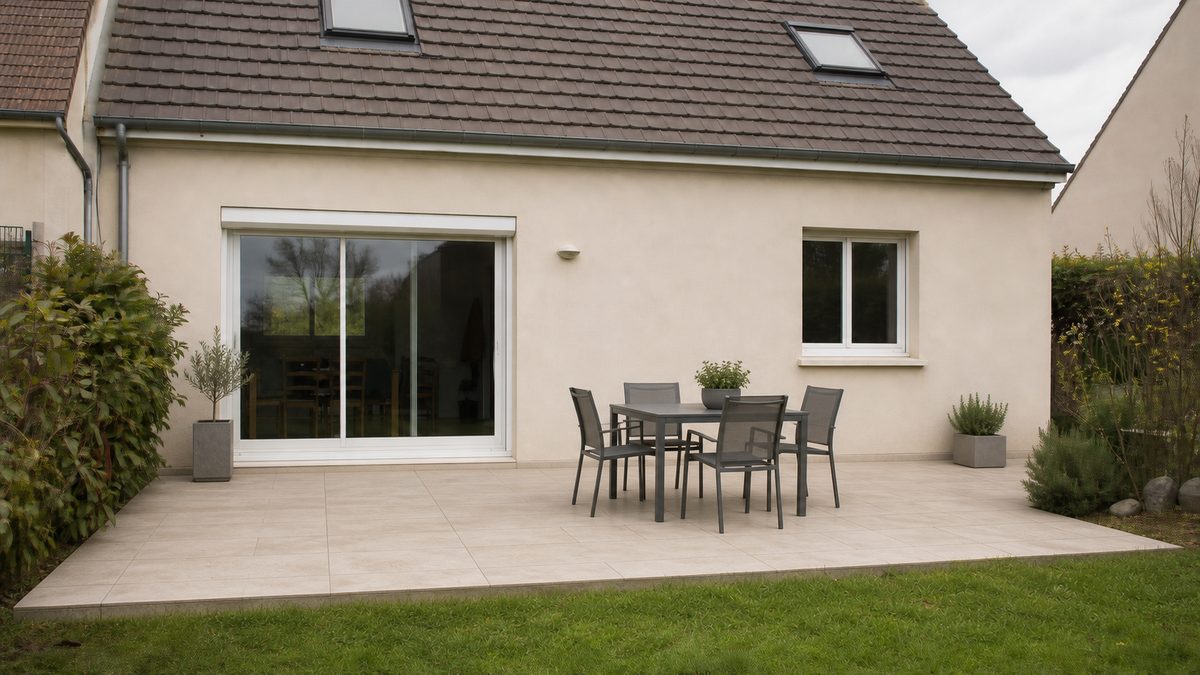 Terrasse carrelée avec salon de jardin, après travaux